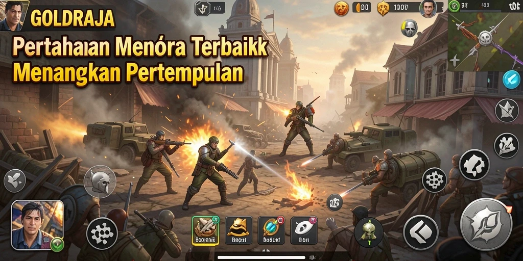 Screenshot gameplay menampilkan aksi menara pertahanan dalam pertempuran.