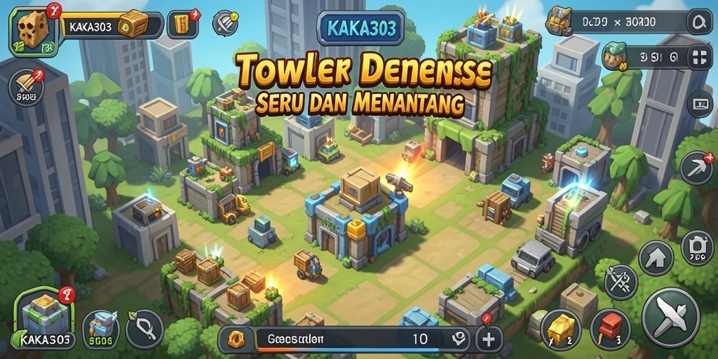 Tampilan gameplay KAKA303 dengan menara pertahanan dan serangan musuh.
