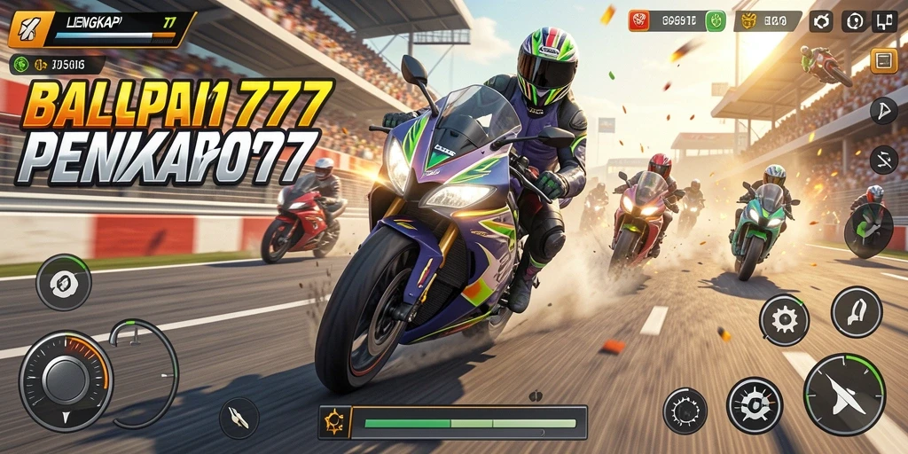 Screenshot utama LENGKAP777 menampilkan aksi balapan motor yang mendebarkan.