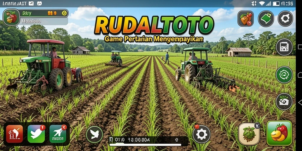 Tampilan gameplay RUDALTOTO dengan petani yang merawat tanaman.